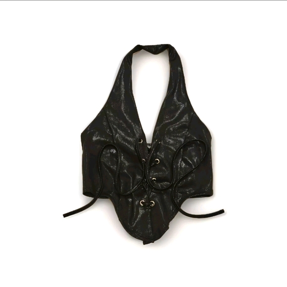 New Pink XS/S Velvet Black Lace Up Crop Halterneck Vest - Picture 1 of 2